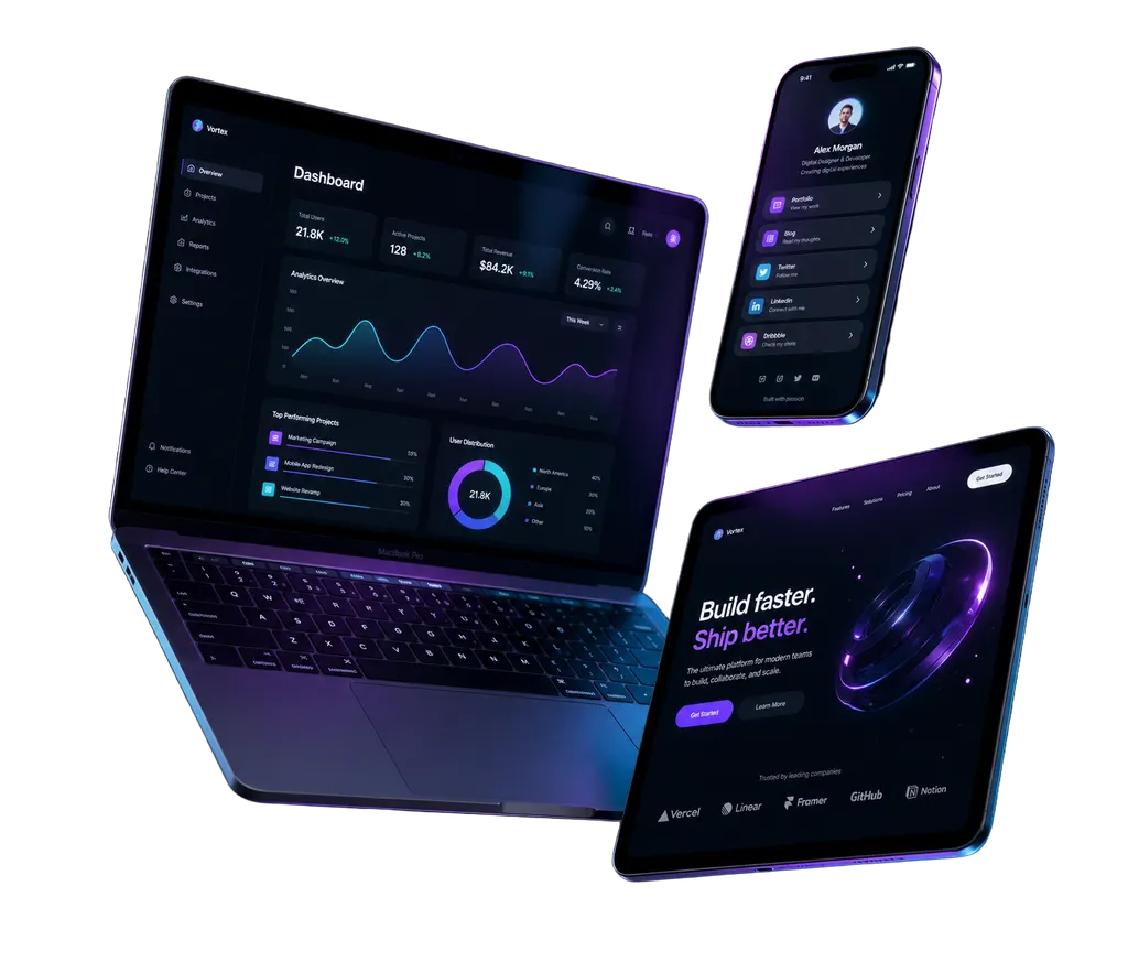 MacBook, iPhone e iPad exibindo produtos NIN Developer